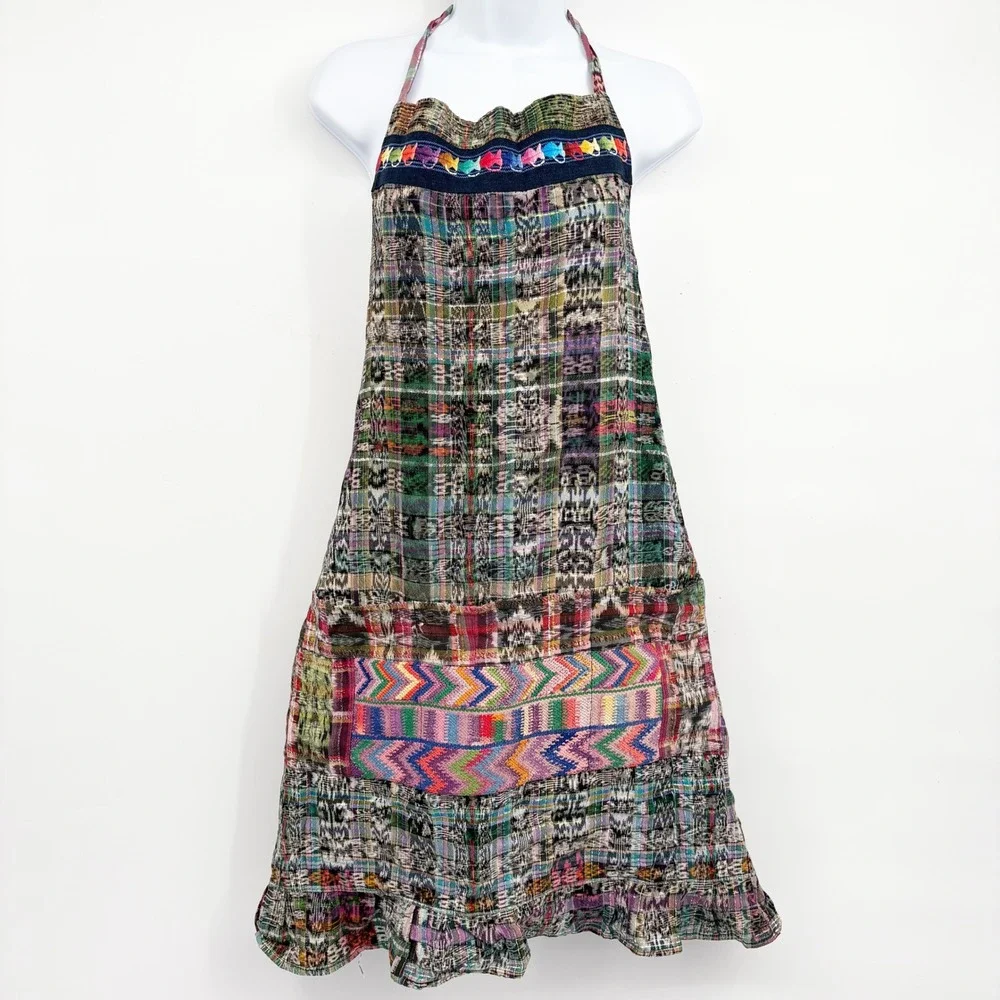Womens Guatemalen Handmade Multicolor Ikat Embroidered Boho Folk Ruffle Apron OS